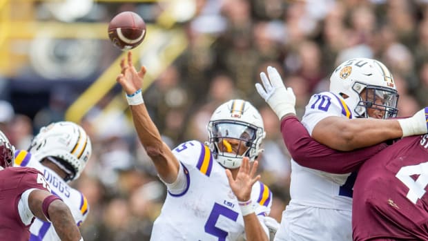 Quarterback Jayden Daniels 5 as the LSU Tigers take on Texas A&M in Tiger Stadium in Baton Rouge, Louisiana, November 25, 2023.